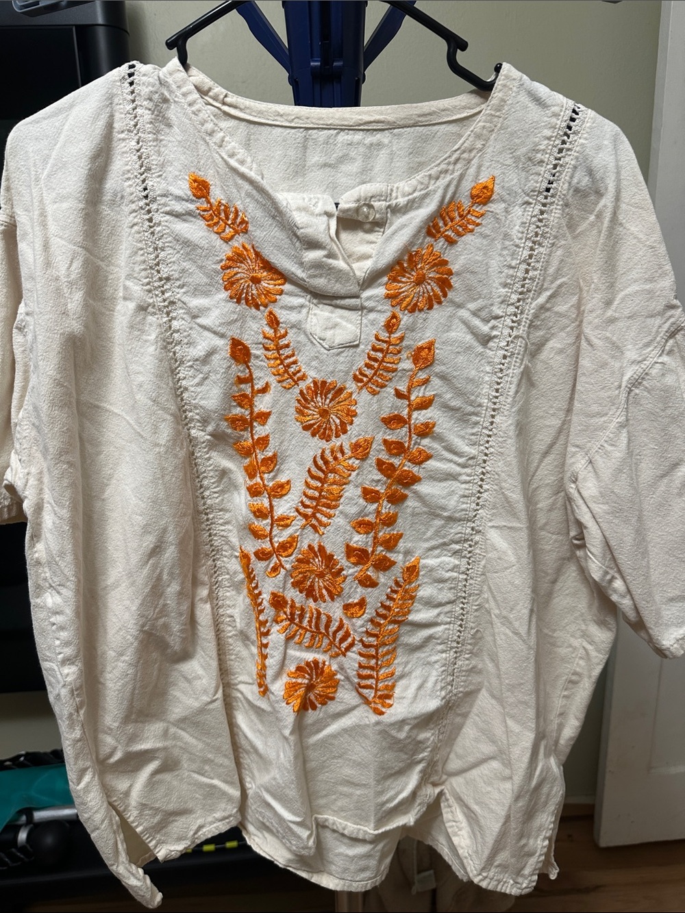 Women’s Cream Embroidered Peasant Top with Orange Floral Stitching - Mexico